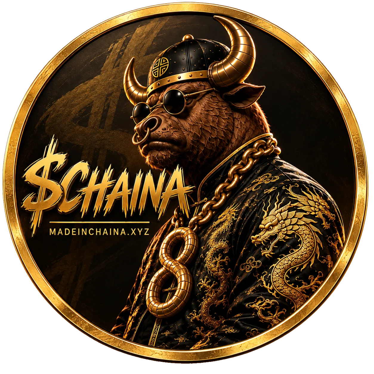 The $CHAINA coin: a black-and-gold medallion featuring a sunglasses-wearing horned bull in an embroidered dragon robe, a thick gold chain with a large 8 pendant, $CHAINA lettering, and MadeinChaina.xyz around the rim